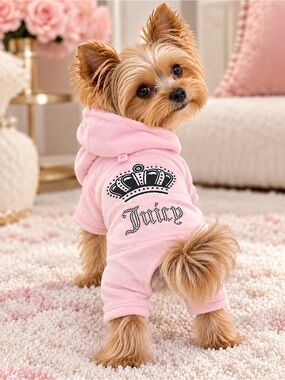 Juicy Couture Dog Tracksuit – Pink Velour Rhinestone Jumpsuit with Hood 🩷